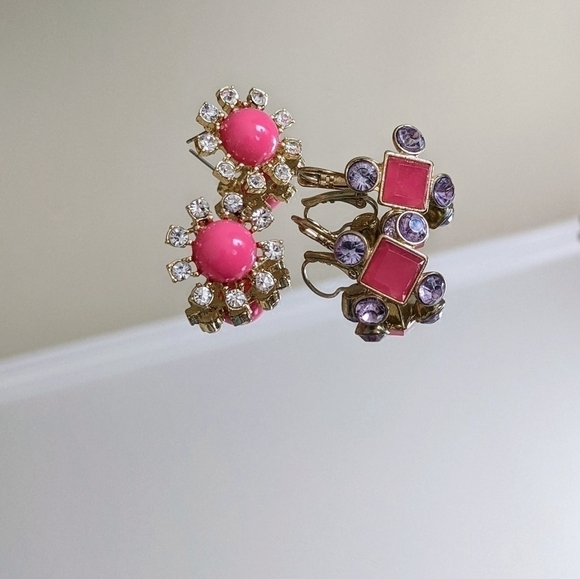 Art Deco Statement Gold Pink & Purple Stud Earring Set by JS - Picture 5 of 5